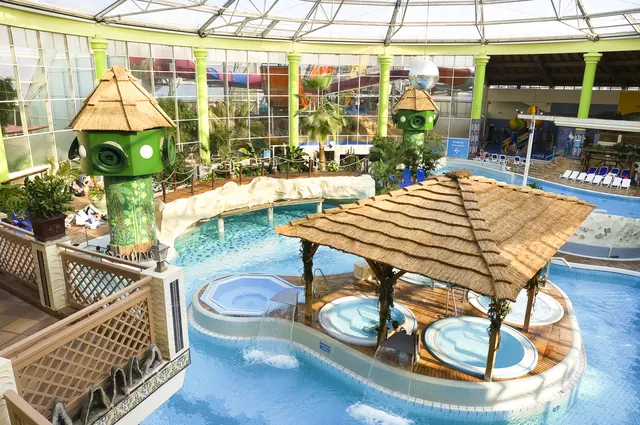 Innenbecken mit Palmen und Pavillon im AQUALAND